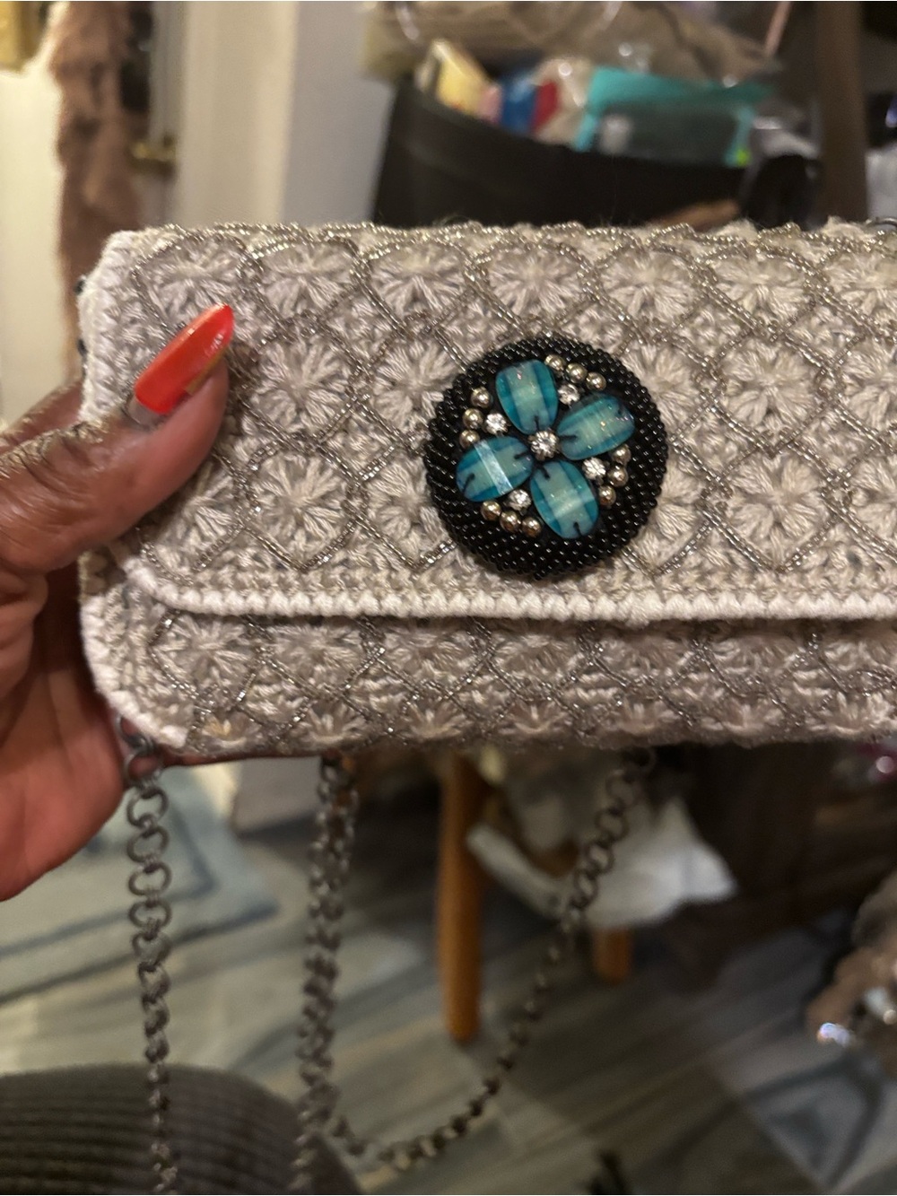 Crystal-Embellished Cream Beaded Evening Clutch with Turquoise Medallion#018